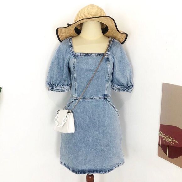 Mango Denim Dress Puff Sleeves New - Picture 8 of 8